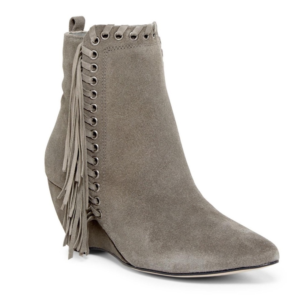 Matisse Gray Suede Sissy Fringe Chunky Wedge Boots